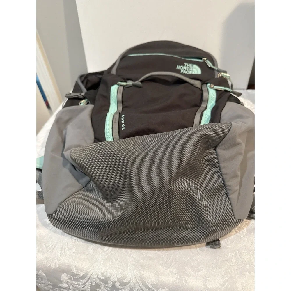 The North Face Surge Flexuent Laptop Backpack Light Gray Teal Outdoor Hiking